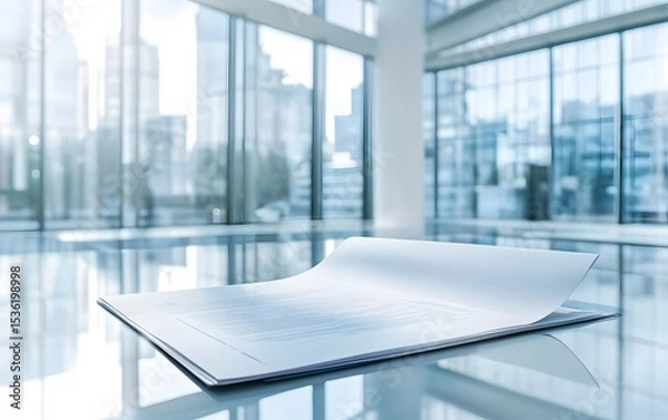 Obraz A sleek, modern workspace featuring a stack of open documents on a reflective table, surrounded by large glass windows showcasing an urban skyline, perfect for corporate imagery.