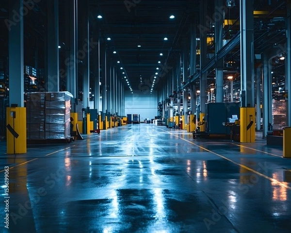 Obraz A spacious and well-lit warehouse features an expansive floor with reflective surfaces