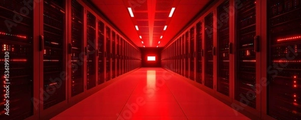 Obraz A striking view of a modern data center illuminated by red lights, showcasing rows of powerful servers