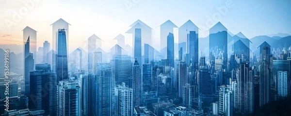 Obraz A stunning skyline of modern skyscrapers under a soft morning light with a blend of architectural designs and a vibrant atmosphere, capturing the essence of urban living and busine