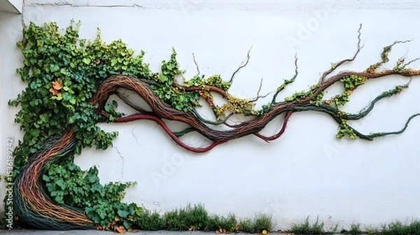 Obraz A stunning wall art piece featuring a beautiful branch intertwined with vibrant green ivy, creating an organic and artistic element in an urban setting.