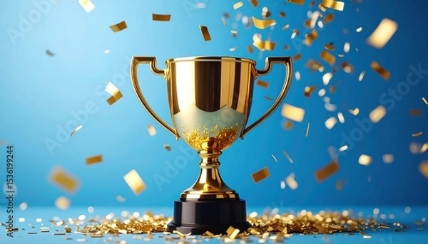 Fototapeta Golden Trophy Cup with Falling Confetti on Blue Background  Achievement Concept.