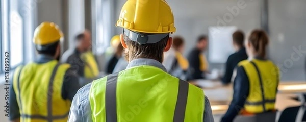 Obraz A team of construction workers in safety gear participates in a meeting, discussing project plans and strategies