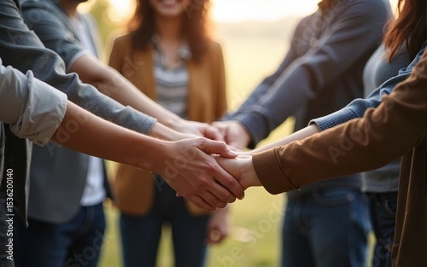 Fototapeta Diverse group of people joining hands in unity. High quality
