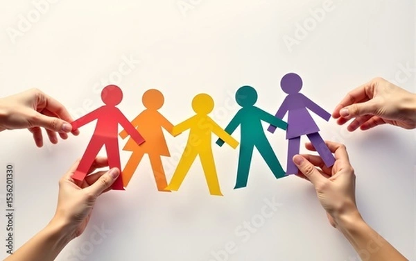 Fototapeta Paper people rainbow team in chain. Flat design isometric vector concept for teamwork, mutual aid and diversity. Vector Ilustration.Hands holding paper people. High quality