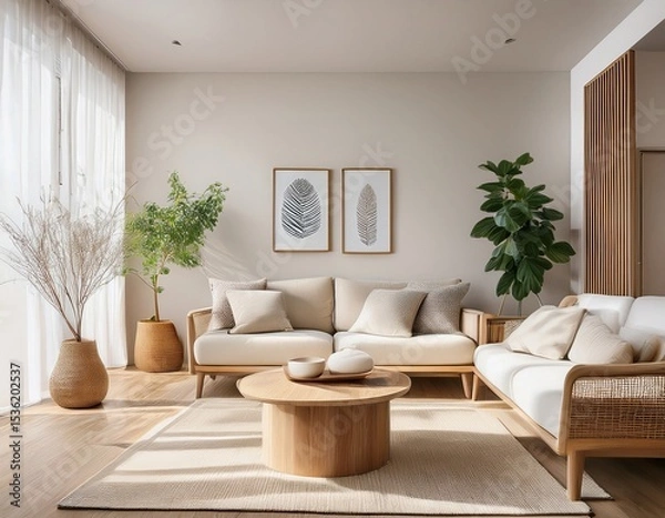 Fototapeta A Scandinavian-style lounge with light oak furniture, neutral tones, clean lines, and minimalist wall art