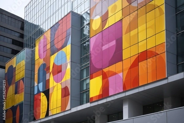 Fototapeta Building exterior with bold geometric designs, including circles and squares, set in a cityscape.