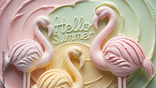 Obraz Hello Summer text and pastel flamingos made of ice cream. Summertime, summer food concept. 