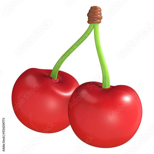 Fototapeta A perfect pair of glossy, bright red cherries with connected green stems are rendered in a clean 3D style.