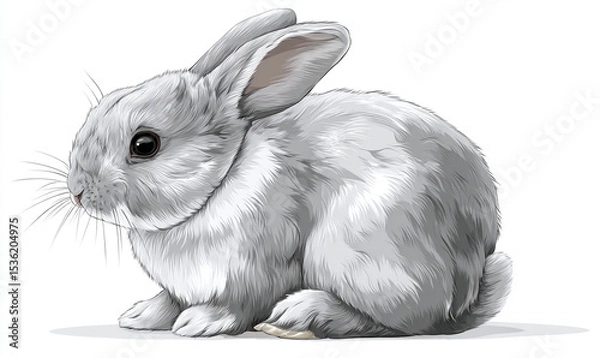 Fototapeta A detailed illustration of a fluffy gray rabbit sitting on white background