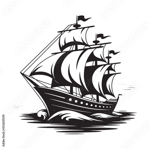 Fototapeta Vintage Sailing Ship Silhouette Vector with Waves