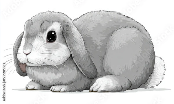 Fototapeta A grey lop eared rabbit with big black eyes sitting on a white surface