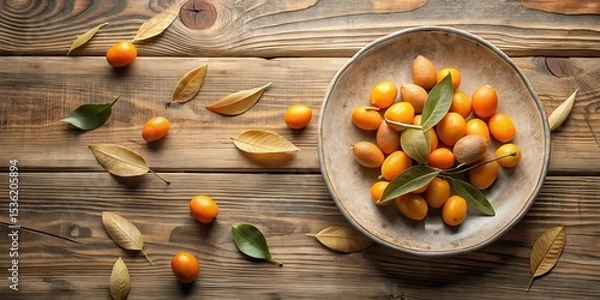 Fototapeta Rustic Wooden Tabletop Featuring Bowl of Golden Citrus Fruits and Autumnal Leaves