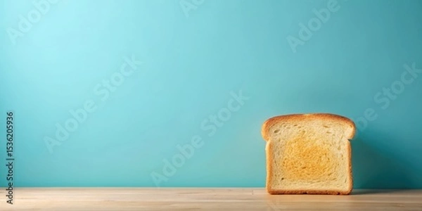 Fototapeta A single slice of toasted bread rests on a light wood surface against a tranquil teal backdrop