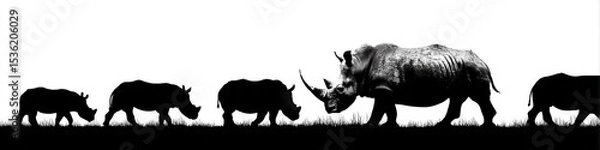 Fototapeta A silhouette of a group of rhinoceroses walking in a single file line
