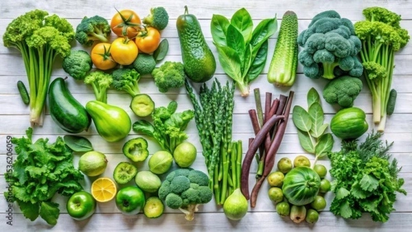 Fototapeta A Vibrant Collection of Diverse Green Vegetables and Fruits Arranged on a White Wooden Surface