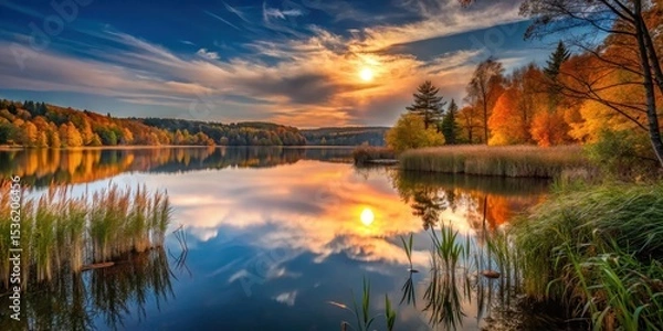 Fototapeta Serene autumn sunset reflected in a tranquil lake, showcasing vibrant foliage and a picturesque sky