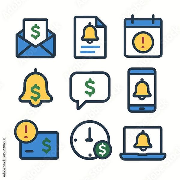 Fototapeta A collection of colorful, outlined icons representing financial notifications, alerts, and communication.
