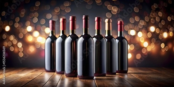 Fototapeta A Festive Arrangement of Elegant Wine Bottles on a Rustic Wooden Tabletop with a Warm, Sparkling Background