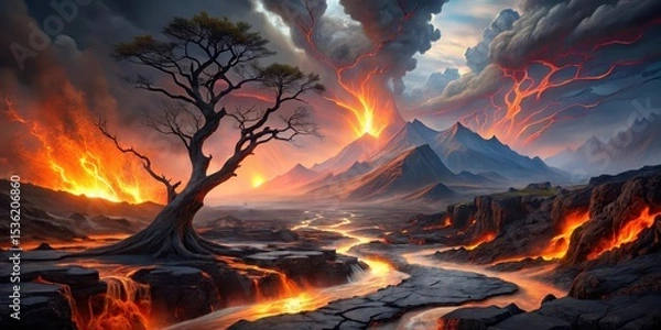 Fototapeta A lone tree stands resilient amidst a fiery volcanic landscape, lava rivers carving paths through rugged terrain, a breathtaking display of nature's raw power and enduring beauty.