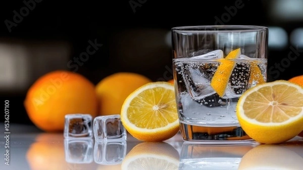 Obraz Refreshing citrus beverage with sparkling water and ice cubes on glossy surface