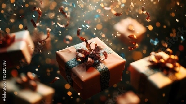 Obraz Celebratory moment with floating gifts and confetti against a bokeh backdrop
