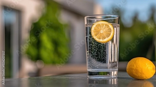Obraz Refreshing lemon infused sparkling water in glass, summer refreshment concept