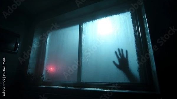 Fototapeta Silhouette Hand Against Steamy Window in Dark Bathroom with Red Light and Potted Plants