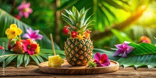 Fototapeta A tropical pineapple adorned with vibrant blossoms, nestled on a rustic wooden surface with a piece of pineapple and tropical foliage
