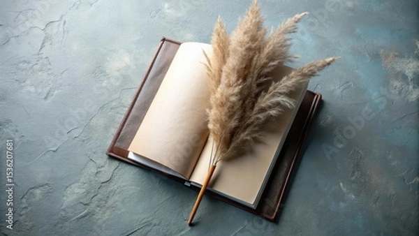 Fototapeta Open book with dried flowers resting on a textured surface