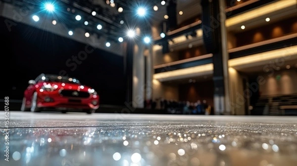 Obraz Red automobile on display at a convention center event, highlighting sleek design