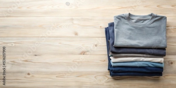 Fototapeta Neatly Folded Stack of Soft Shirts on Wooden Surface