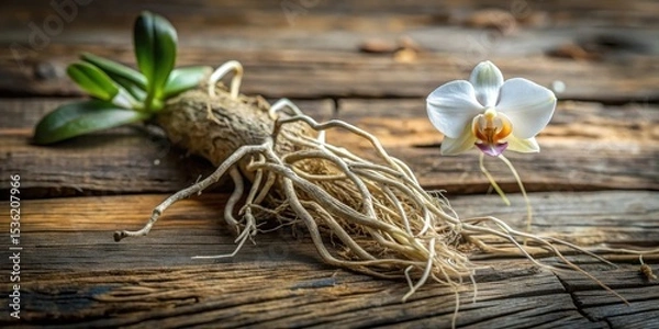 Fototapeta A delicate white orchid blossom rests near its exposed, intricate root system on a rustic wooden surface