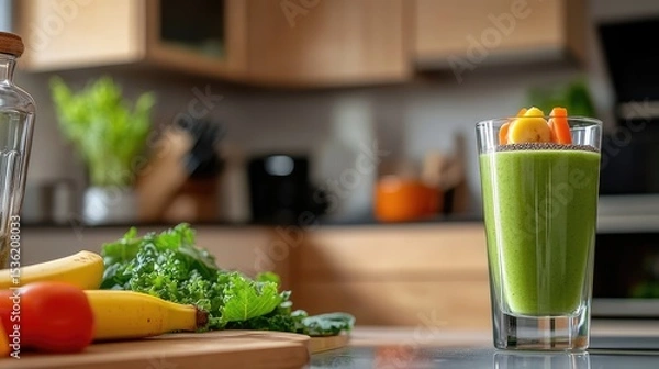Obraz A Refreshing Green Smoothie Prepared with Fresh Ingredients in the Kitchen
