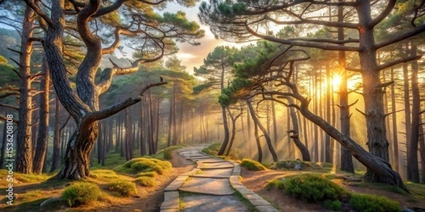 Fototapeta Golden Hour Pathway Winding Through a Mystical Pine Forest with Sunbeams Illuminating the Ancient Trees