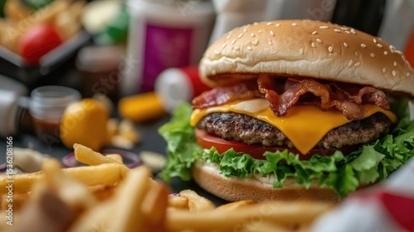 Obraz A Mouthwatering Close-Up of a Cheeseburger with Crispy Bacon and Golden Fries