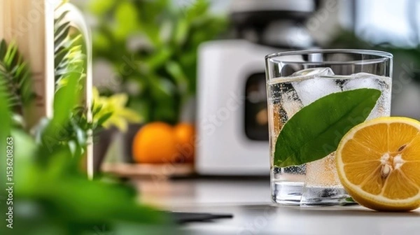 Obraz Refreshing citrus infused sparkling water drink served indoors in the daytime