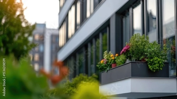 Obraz Window box planters with vibrant flowers on modern building facade
