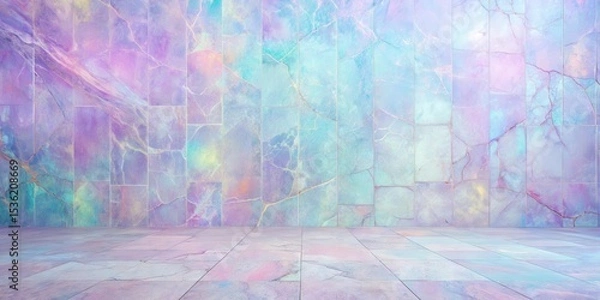 Fototapeta Pastel-hued wall and floor composition with iridescent tiling, featuring subtle cracks and veins for a dreamy, ethereal aesthetic.