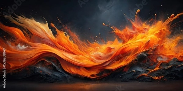 Fototapeta Abstract fiery orange and black waves of molten energy cascading across a dark landscape