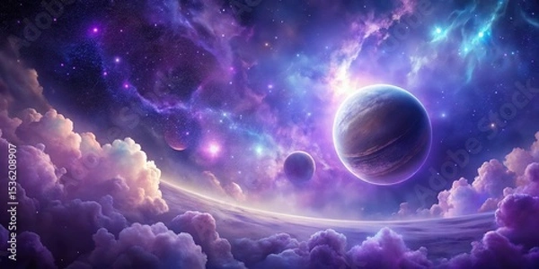 Fototapeta A Serene Celestial Vista Planets, Nebulae, and Dreamlike Cloudscape in a Purple and Blue Cosmic Scene
