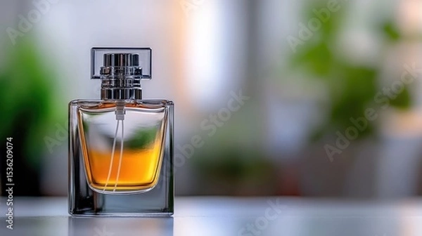 Obraz Elegant perfume bottle with golden liquid on a blurred natural background