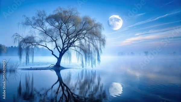 Fototapeta Serene Weeping Willow Reflected in Misty Waters Under a Full Moon's Glow
