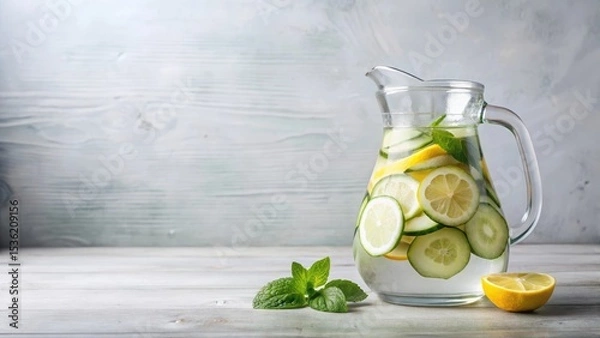 Fototapeta Refreshing Cucumber Lemon Mint Infused Water in a Glass Pitcher on a Wooden Table