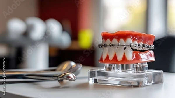Obraz Dental model with braces and instruments showcasing orthodontic treatment concept