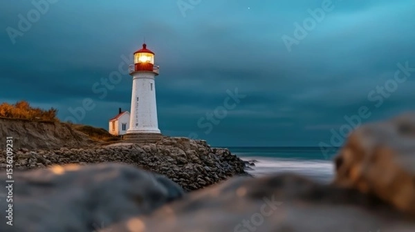 Obraz Dramatic Coastal Beacon: Lighthouse Shining Under a Gloomy Evening Sky