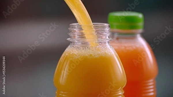Fototapeta A vibrant video for a new line of organic juices, featuring colorful fruits being juiced and poured into bottles, with people enjoying the drinks in various outdoor settings