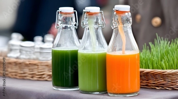 Fototapeta A vibrant video for a new line of organic juices, featuring colorful fruits being juiced and poured into bottles, with people enjoying the drinks in various outdoor settings