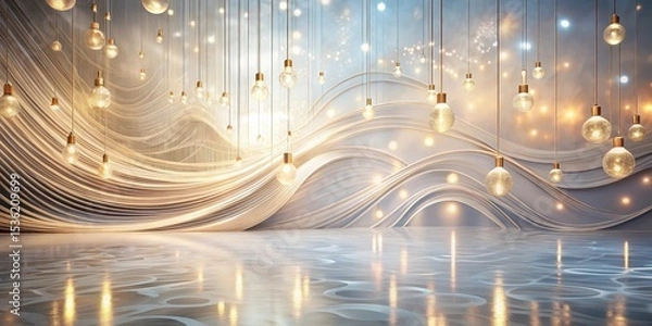Fototapeta Elegant event space with flowing fabric backdrop and glowing pendant lights
