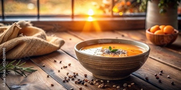 Fototapeta A bowl of creamy autumnal soup garnished with spices sits on a rustic wooden table, bathed in the warm glow of a sunset through a nearby window. A cozy textile rests nearby.